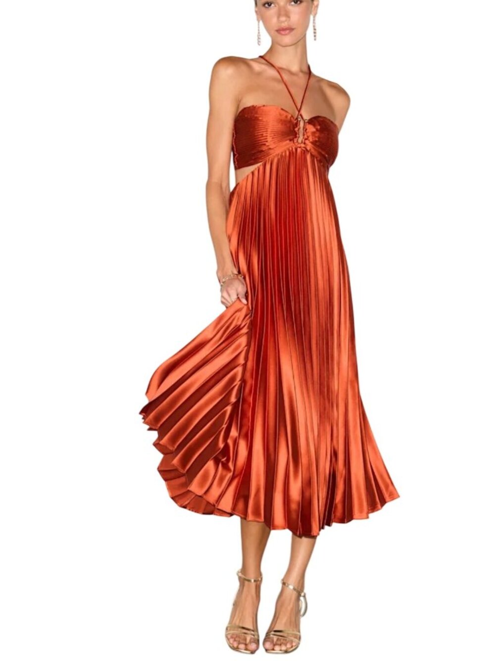 Lulus Aerin Rust Satin Pleated Cutout Midi Dress Sz SM Fall Autumn